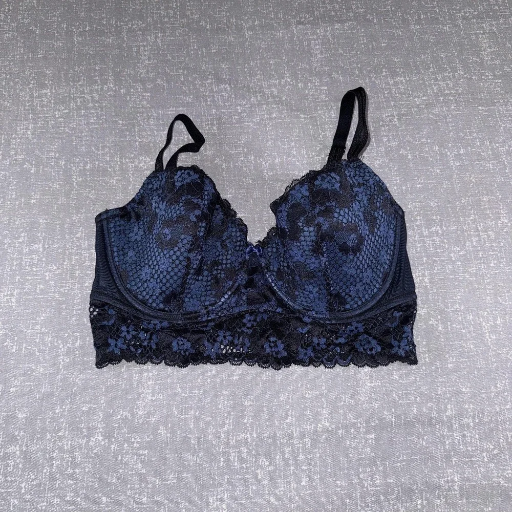 Adore Me Bra Womens 34DDD Blue Lace Longline Underwire Padded Molded Floral